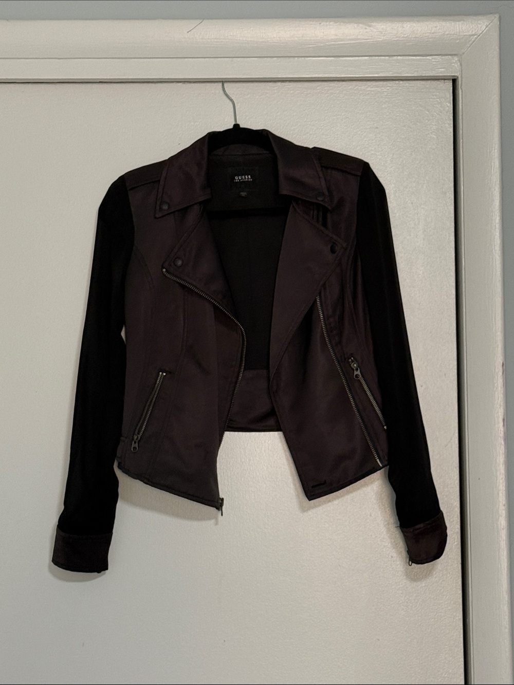 Guess Satin Moto Jacket Sheer Sleeves Black XS